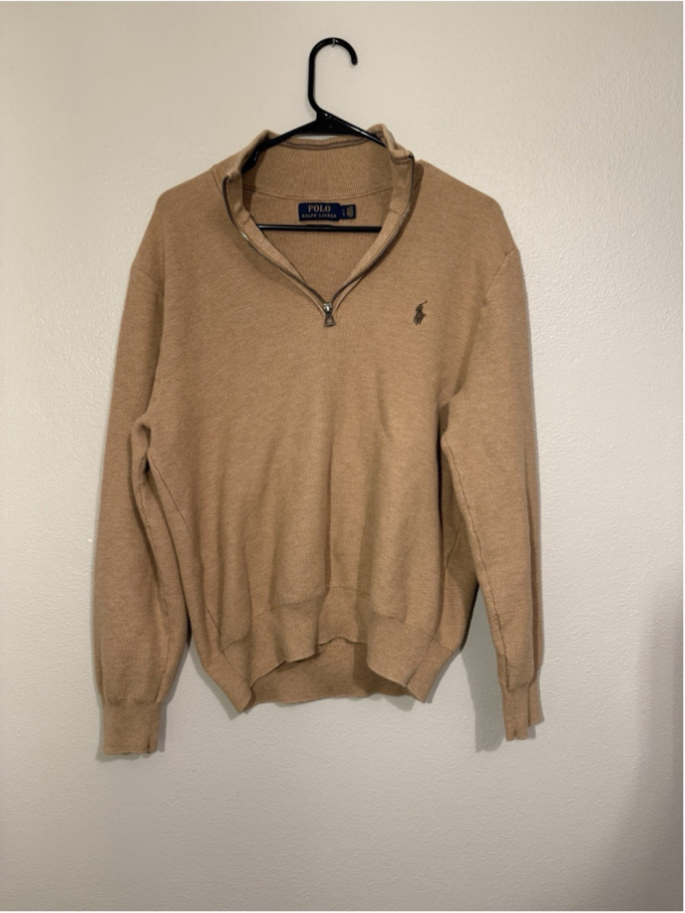 Men's Polo by Ralph Lauren Light Brown Pullover Sweater Large Tan Zip Neck